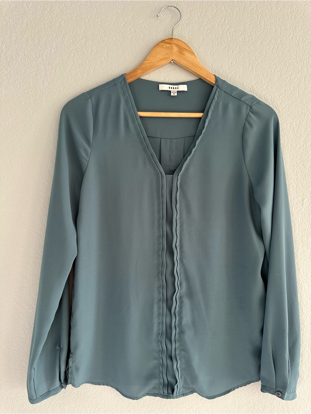 Ro & De Dusty Teal V-Neck Blouse with Pintuck Detail